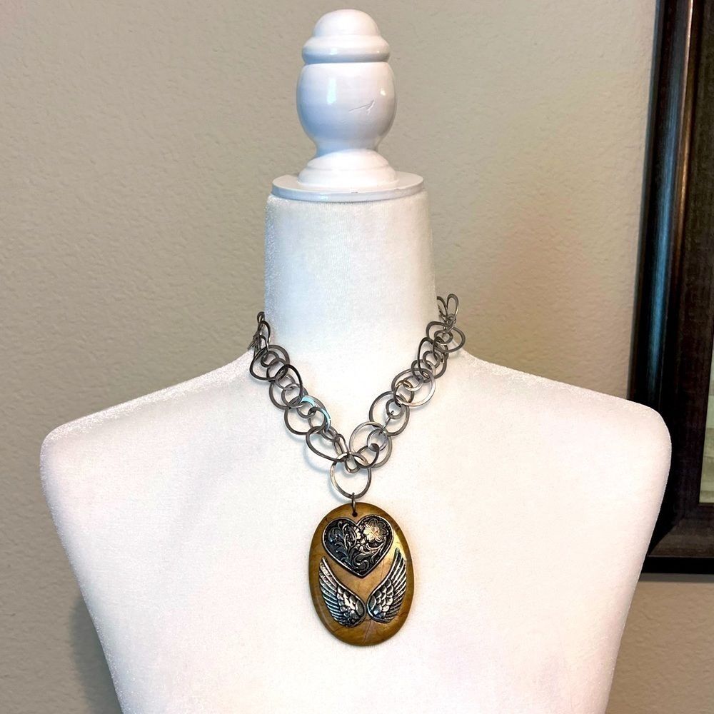 Silver Amber Stone Necklace with Angel Wings and Silver Heart.